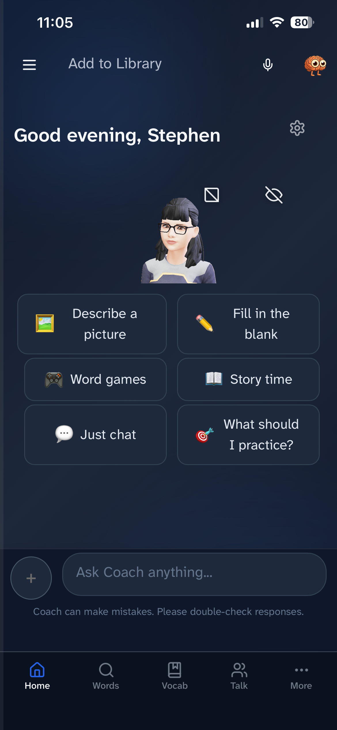 The AphasiaGPT home screen — the AI coach with daily practice activities
